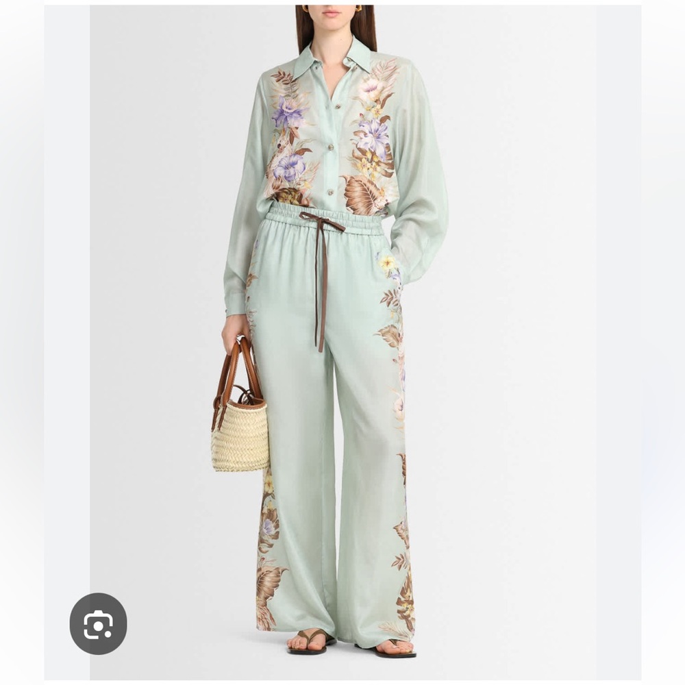 Final Zimmermann Coco Floral Silk Relaxed-Fit Shirt & Trousers Set Sage AU2 US8 - Picture 2 of 16